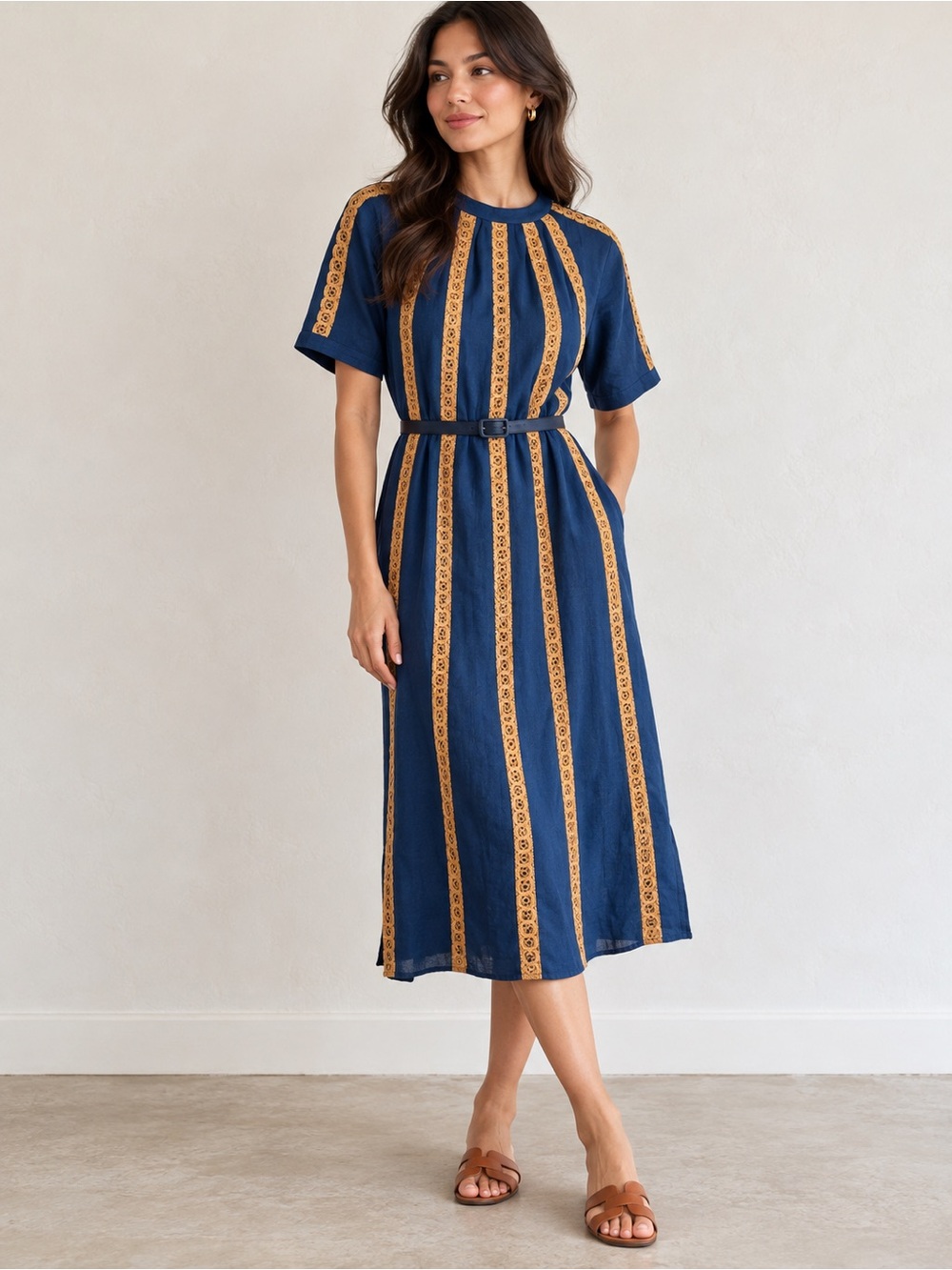 Vintage Moygashel Blue Belted Midi Dress Medium Linen Jute Detail
